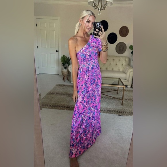 NWT Lilly Pulitzer Solana One Shoulder Maxi Havana Turtle Tidepool Maxi Dress - Picture 1 of 8